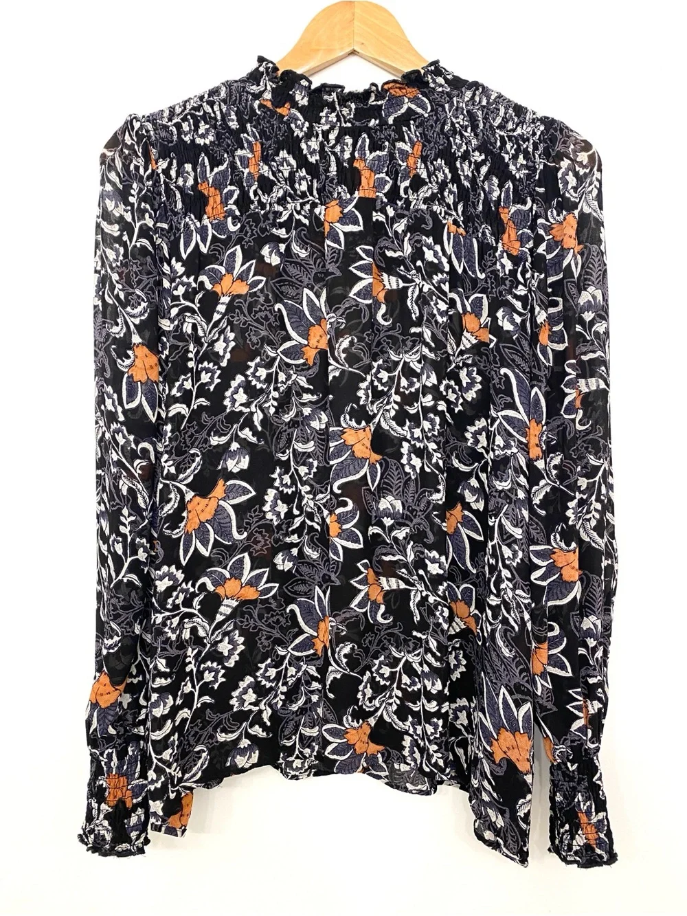 B. Copenhagen Floral Smocked Neck Sheer Blouse Black Burnt Apricot Paisley US M - Picture 6 of 14